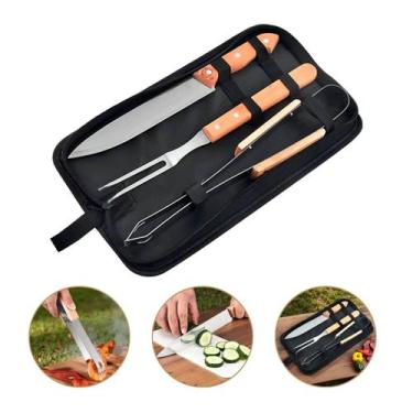 Imagem de Kit Churrasco Barbecue 4 Peças Faca Garfo Pegador e Estojo Completo Pr