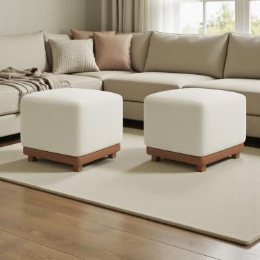 Imagem de Kit 2 Puffs Dalilla Bouclé Premium Exclusivos Assento Extra Para Sala Quarto Base Peroba Pés Castanho Design Moderno