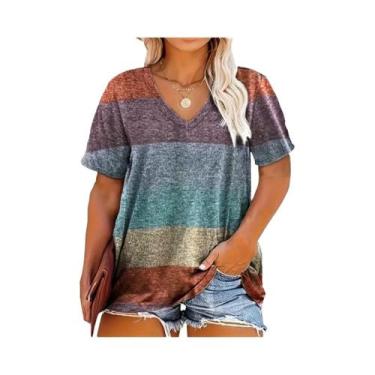 Imagem de Camiseta Feminina plus Size Com Estampa Listrada E Decote Em V, Manga 