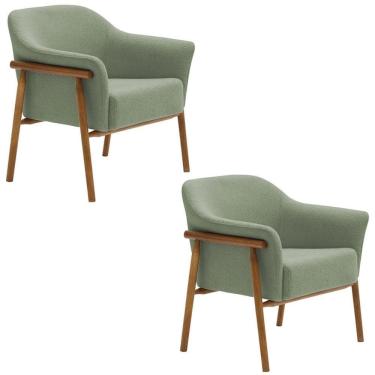 Imagem de Kit 02 Poltronas Luna Base Madeira Bouclé Verde Claro - Nexta Casa