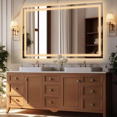 Imagem de Espelho Retangular 110x100 Led Jateado Horizontal Bancada Grande Neutro