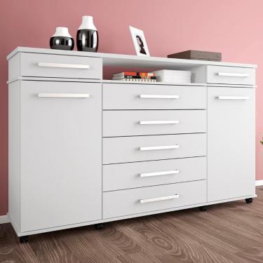 Imagem de Cômoda London 7 Gavetas em MDF Brilhante com Portas e Prateleiras para Quarto Branco