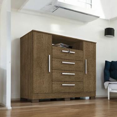 Imagem de Cômoda London 4 Gavetas 2 Portas MDF com Puxador Plástico Malbec com Pés Reguláveis e Trava com Chave