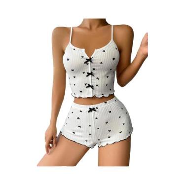 Imagem de Conjunto De Pijamas De Seda Com Estampa De Coração Para Mulheres, Top 
