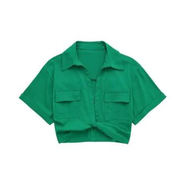 Imagem de Camisa Cropped De Linho Com Nó Frontal E Bolsos Em Patch Para Mulheres