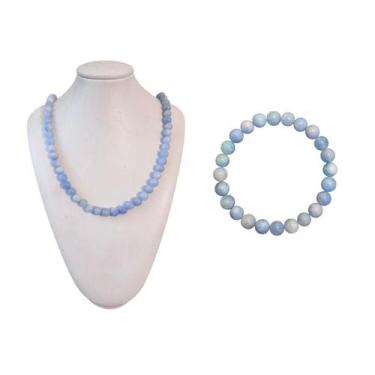 Imagem de Kit Colar + Pulseira Água Marinha 8mm Tranquilidade Clareza Mental Ped