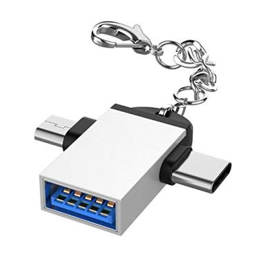 Imagem de Zopsc 2 peças conversor OTG portátil 2 em 1 USB 3.0 para micro USB e adaptador tipo C liga de alumínio com corrente para Android (prata)