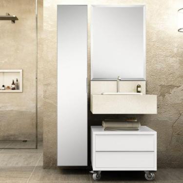 Imagem de Conjunto Max 60cm para Banheiro com Espelho, Gaveteiro, Bancada com Cuba e Armário Vertical Bumi  Bumi Branco