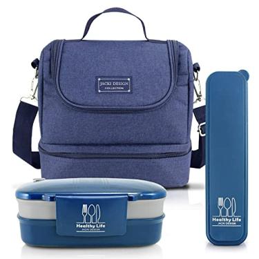 Imagem de Kit Bolsa Térmica com Marmita e Porta Talheres Passeio Preto (Azul)