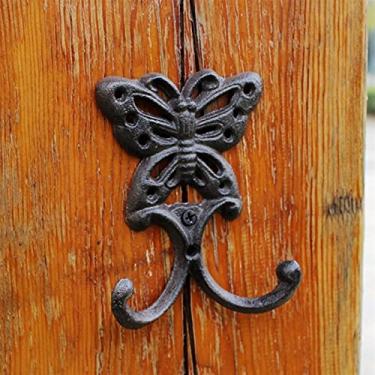 Imagem de GUIPAIHAI Gancho de parede de ferro fundido com 2 cabides para decoração de parede de jardim de casa, design oco preto antigo, ganchos de parede (cor: borboleta)