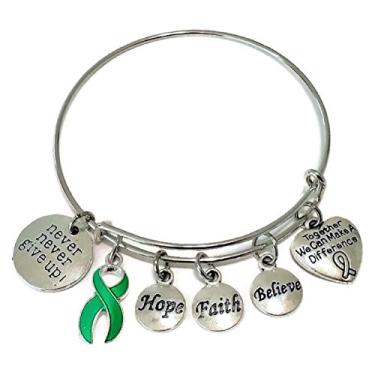 Imagem de Kit's Kiss Pulseira de fita verde, joia de fita verde, consciência da paralisia cerebral, consciência do transtorno bipolar, consciência do câncer de fígado, joias de conscientização do câncer, pulseira de fita verde