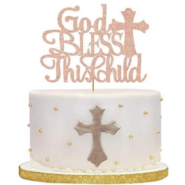 Imagem de Gloryhour God Bless This Children Cake Topper, Rose Gold Glitter Glitter Baptism Cake Toppers for Girl Boy Christening, First Communion Baby Shower - Feito à mão (17 cm x 12 cm)