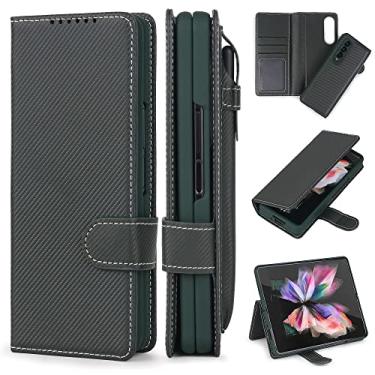 Imagem de Estojo destacável para Samsung Galaxy Z Fold 3 Fold 4 Moda Couro PU Magnetic Kickstand Cover com Stylus, Sarja Preto Ciano, para Samsung Z Fold 4