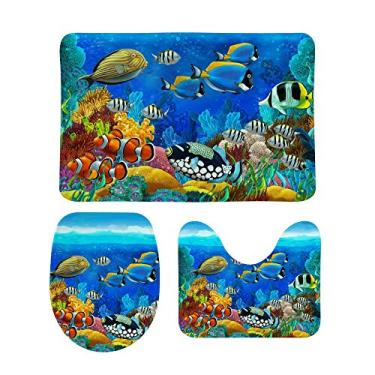 Imagem de Conjunto de 3 peças de tapetes de banheiro My Daily colorido Sea Fish Coral Reef Ocean U contorno tapete de banheiro e tampa de tampa, tapete de chuveiro antiderrapante conjunto de tapetes de banho