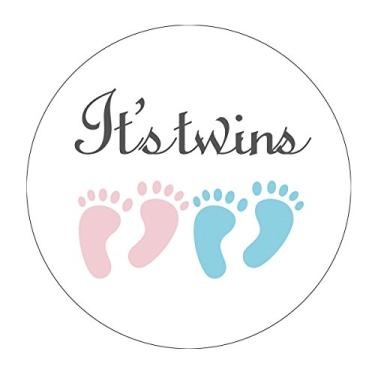Imagem de Adesivos de chá de bebê MAGJUCHE Pink and Blue It's Twins, Menina e Menino Little Feet Baby Shower Adesivos, 5 cm, pacote com 40