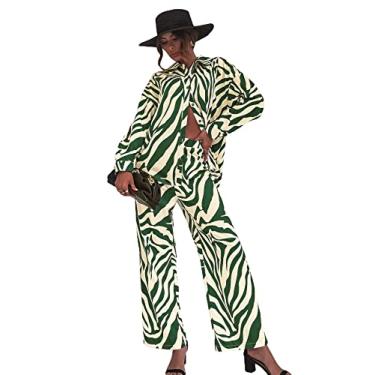 Imagem de Floerns Conjunto feminino de 2 peças, blusa longa e calça de perna larga, Zebra verde, M