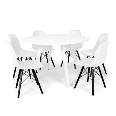 Imagem de Conjunto Mesa de Jantar Redonda Amanda 120cm Branca com 6 Cadeiras Eames Eiffel Base Preta - Branco