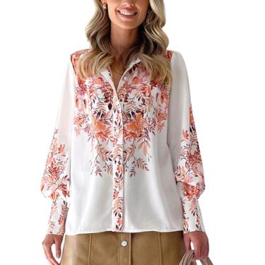 Imagem de Camisa Feminina Com Estampa de Flores, Decote Em V Com Botões, Blusa Feminina Estampada Com Folhas Impressas para Compras para Mulheres (S)
