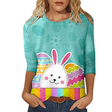 Imagem de Elogoog Camisetas femininas Happy Easter Bunny Rabbit Graphic T Shiirt de manga 3/4 com estampa de ovo de páscoa, "J" verde (mint green), M