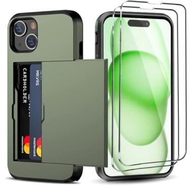 Imagem de Benbenjaytek Capa carteira para iPhone 15 Plus com suporte para cartão + 2 películas de vidro temperado, camada dupla à prova de choque com compartimento oculto para cartões, capa fina para mulheres e homens 6,7 (verde escuro)