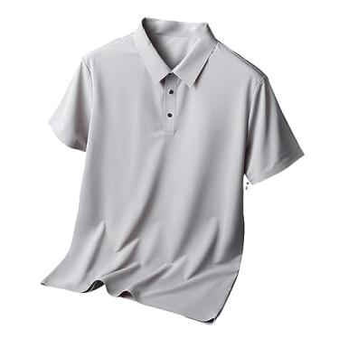 Imagem de Camisa polo masculina de lapela sólida de seda gelo camisas de golfe com botões para trabalho camiseta elástica atlética secagem rápida, Cinza-claro, M