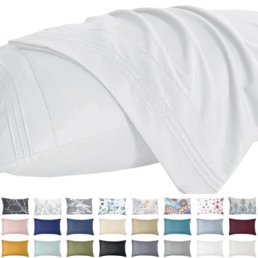 Imagem de YIYEA Conjunto de 2 fronhas King Size - Fronhas de cama bordadas de microfibra escovada super macias de 1800 fios com fecho de envelope - 90 g/m², resistente a encolhimento e desbotamento (50,8 cm x 101,6 cm, branca)