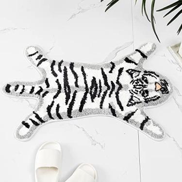 Imagem de Tapete de banho engraçado tigre para banheiro, tapetes de banho fofos de desenho de tigre branco antiderrapante em forma de animal absorvente preppy pequeno tapete de banheira decoração de banheiro tapetes de chuveiro de pelúcia estética lavável na máquina