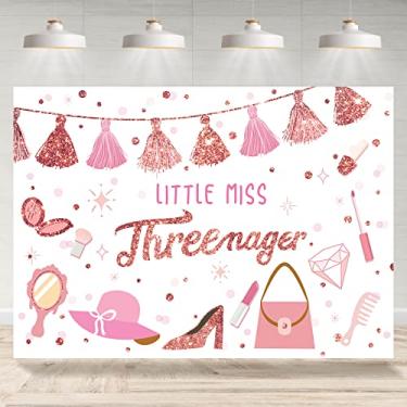 Imagem de Rsuuinu 2,1 x 1,5 m pano de fundo para maquiagem spa terceiro aniversário Little Miss Threenager meninas princesa rosa glamour cosméticos beleza fotografia fundo decoração festa terceiro aniversário
