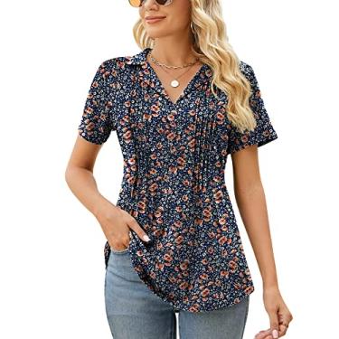 Imagem de Kistore Camiseta polo feminina manga curta gola V verão tops básicos moda 2023 negócios casual trabalho blusa P-GGG, A1 - azul marrom floral, M