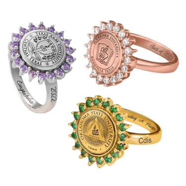 Imagem de Anéis personalizados para brasão de família/crachá escolar, ensino médio, universidade, classe de 2024, anel de formatura personalizado para mulheres, anéis universitários, presentes para filha,