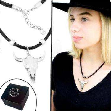 Imagem de Colar Gargantilha de Couro Trançado Feminina Country Cabeça de Boi Carcaça NE-Unissex