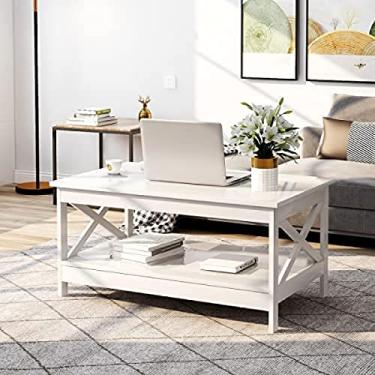 Imagem de Mesa de centro 100 x 60 x 47 cm Moderna retangular pequena mesa lateral baixa para sala de estar Mesa com espaço de armazenamento Mesa lateral para sala de estar escritório branco