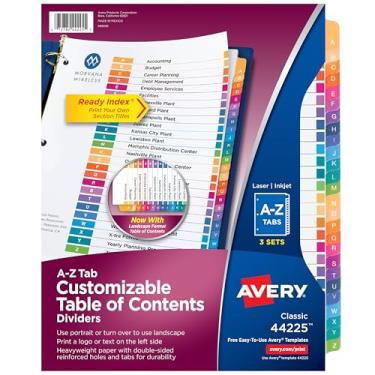 Imagem de Avery Divisores de abas A-Z para 3 fichários de anel, índice personalizável, abas multicoloridas, 3 conjuntos (44225)