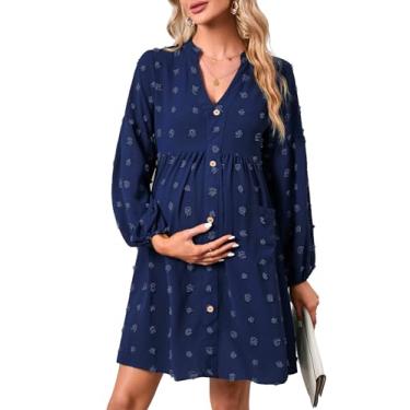 Imagem de KOJOOIN Vestido de maternidade com bolinhas suíças gola V manga comprida abotoado minivestido chá de bebê sessão de fotos com bolsos, Manga comprida - azul marinho, P