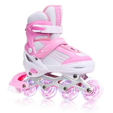 Imagem de Patins infantis em linha para meninas e meninos com todas as rodas iluminadas, lâminas ajustáveis para iniciantes em ambientes externos e internos (rosa e branco, pequeno - crianças pequenas)