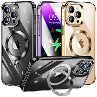 Imagem de [Anel de CD compatível com suporte invisível MagSafe] Capa magnética para iPhone 12 Pro Max, [para-choque galvanizado não amarelo][parece um iPhone nu] Capa fina transparente com suporte para mulheres, homens e meninas