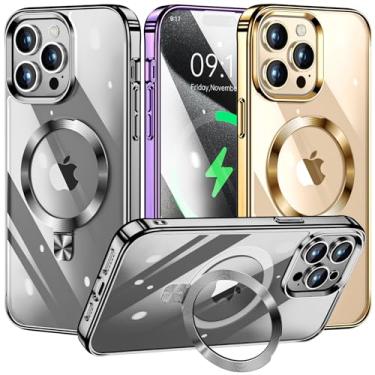 Imagem de TLIKEMISS [Anel de CD compatível com suporte invisível MagSafe] Capa magnética para iPhone 15 Pro, [para-choque galvanizado não amarelo][parece um iPhone nu] Capa fina transparente com suporte para mulheres, homens e meninas