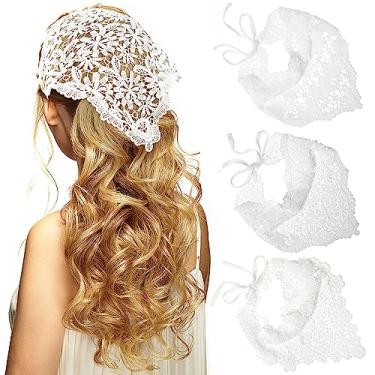Imagem de WELROG Faixa de cabeça de crochê, 3 peças de bandanas de cabelo de renda para mulheres, lenço de cabeça de malha vintage lenço lenço de cabeça para meninas (branco)