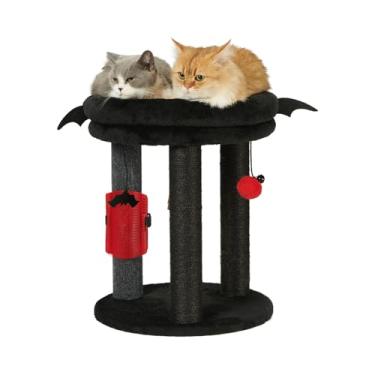 Imagem de MECOOL Árvore de gato pequeno 4 em 1, poste arranhador com cama macia para gatos, tapete de sisal, postes de juta com três bolas penduradas e escova de massagem para gatos e gatinhos internos