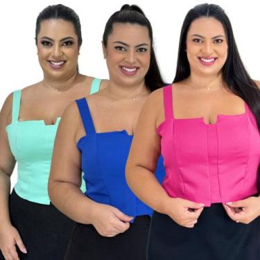 Imagem de Kit 3 Cropped Top Plus Size Alfaiataria Luxo Com Detalhe Lastex Moda F