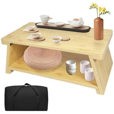 Imagem de koretech Mesa de chão, mesa de altar, design dobrável, mesa de meditação baixa para sentar no chão, mesa japonesa de tatame (cor bambu)