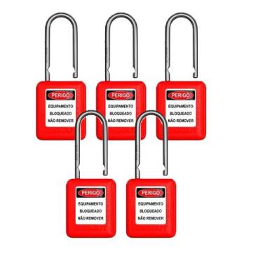 Imagem de Kit 5 Cadeados Bloqueio 38 x 6,3mm Haste Metálica Tagout Vermelho