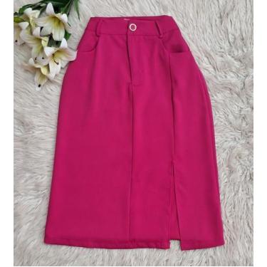 Imagem de MODAS DOMI Saia Midi Alfaiataria Com Fenda Lateral 0125, Rosa pink, P