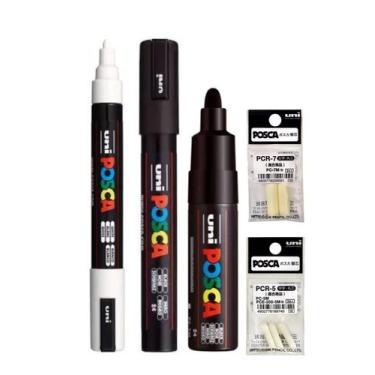 Imagem de Kit 3 Posca Branca, Preta PC-5M e PC-7M Preta + Refil - Uni-Ball