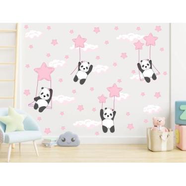 Imagem de adesivo de parede panda balanço estrelas rosa bebê - adesivos kigrude