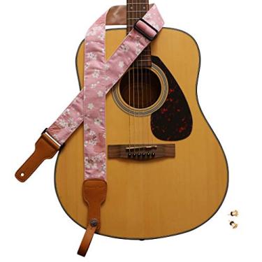 Imagem de MUSIC FIRST Design original, 5 cm de largura (5 cm), musselina macia vintage rosa "Sakura" e pulseira de couro genuíno Delux, alça de ukulele, alça de bandolim