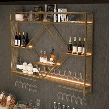 Imagem de Rack de armazenamento de vinho montado na parede com iluminação LED, suporte de vidro de vinho de metal, prateleira de exposição para garrafas de licor com luzes LED, suporte de vinho modern