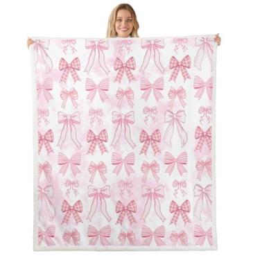 Imagem de Manfei Cobertor infantil com laço fofo de gravata borboleta rosa estampado felpudo cobertor para decoração de quarto de princesa, cobertor de laço kawaii para cama, sofá, cobertor de lã macio e