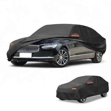 Imagem de Partuto Capa de carro à prova d'água para todos os climas, automotiva, externa, anti-UV, proteção solar e chuva, cobertura externa completa para Volvo S90 Sedan 190T-PU preta com tiras refletoras