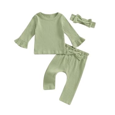 Imagem de Roupas para bebês recém-nascidas, cor sólida, com babados, manga comprida, laço e nervuras, 2 peças, Verde, 18-24 Meses